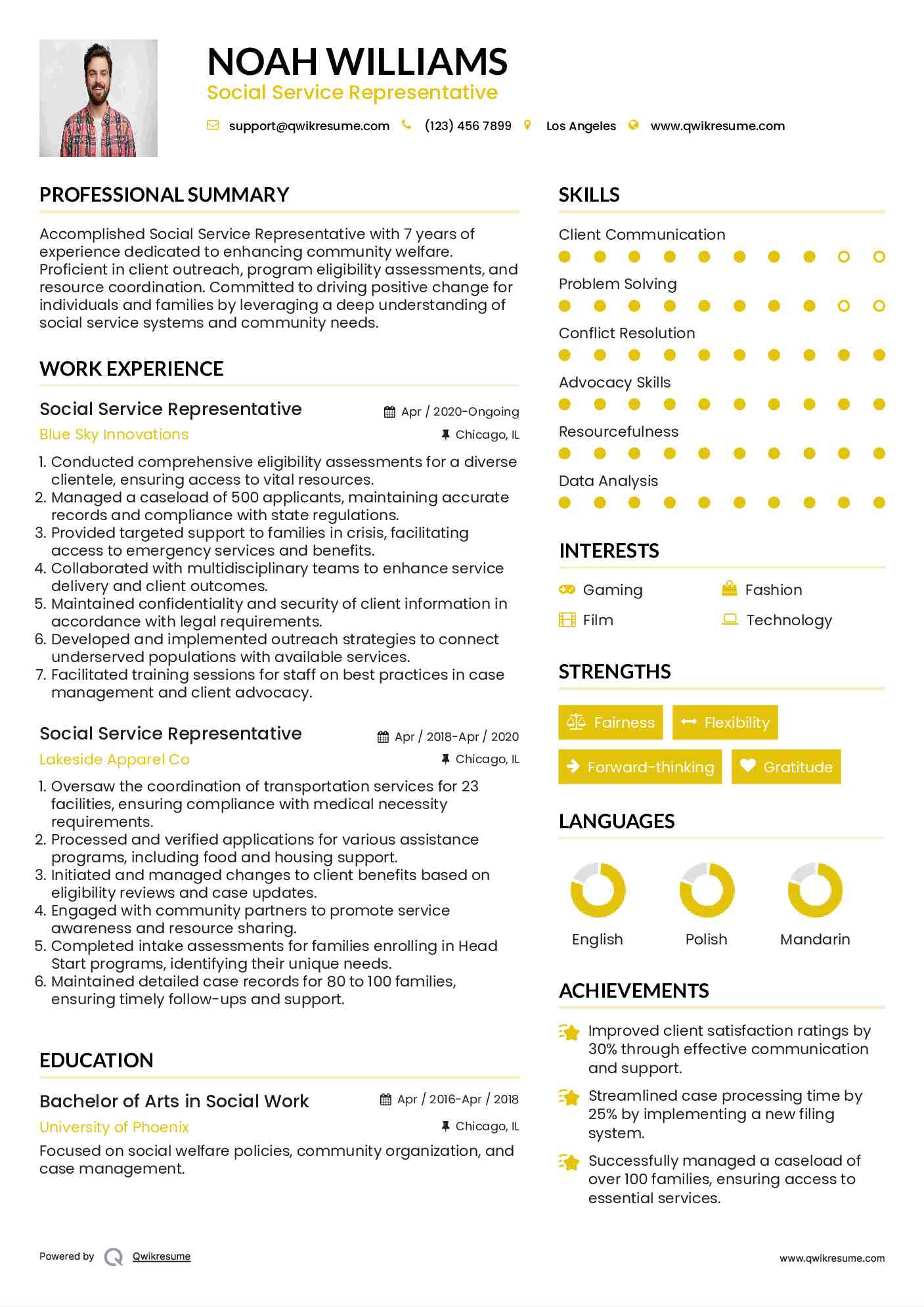 Social Service Representative Resume Example