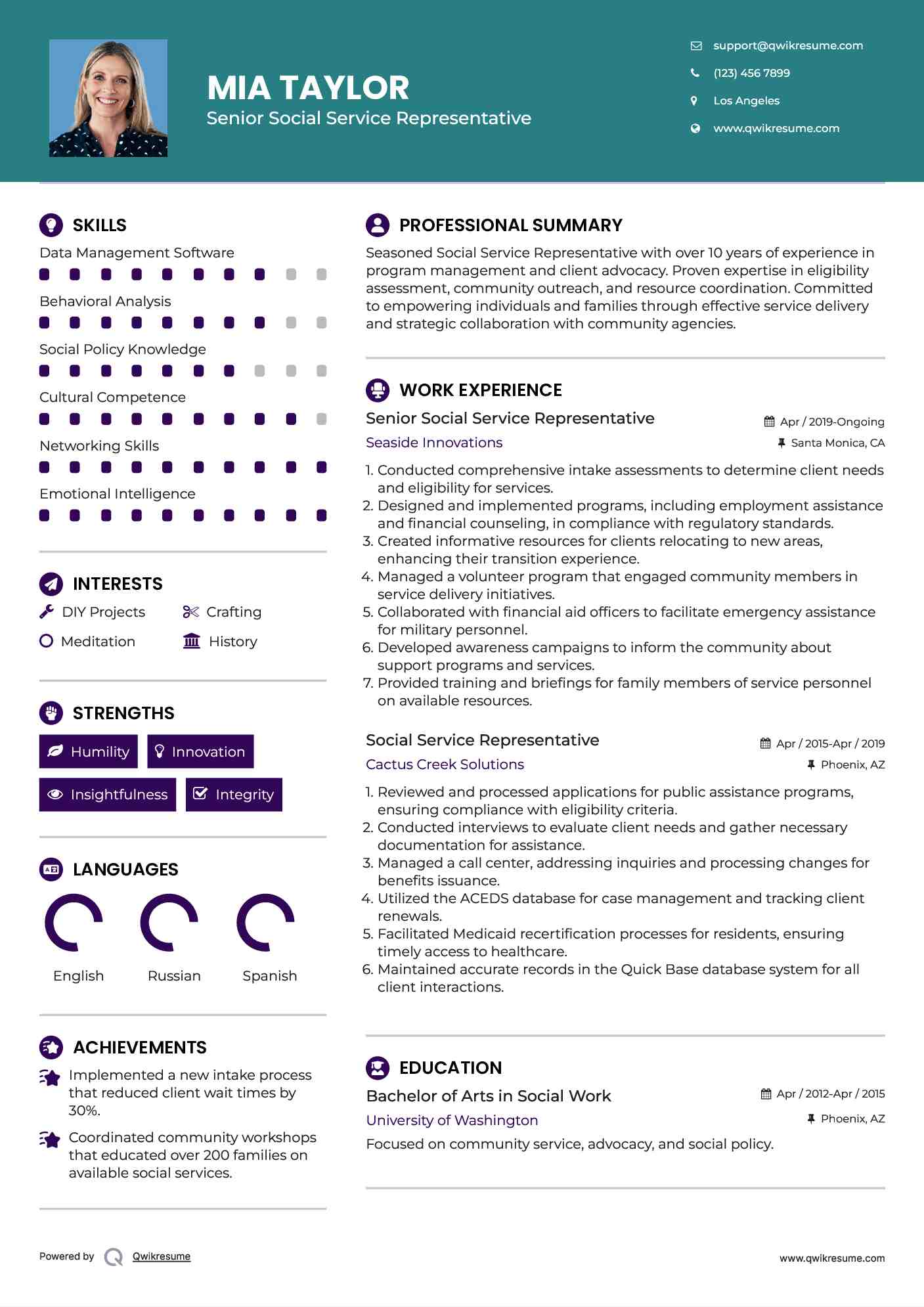 Senior Social Service Representative Resume Example