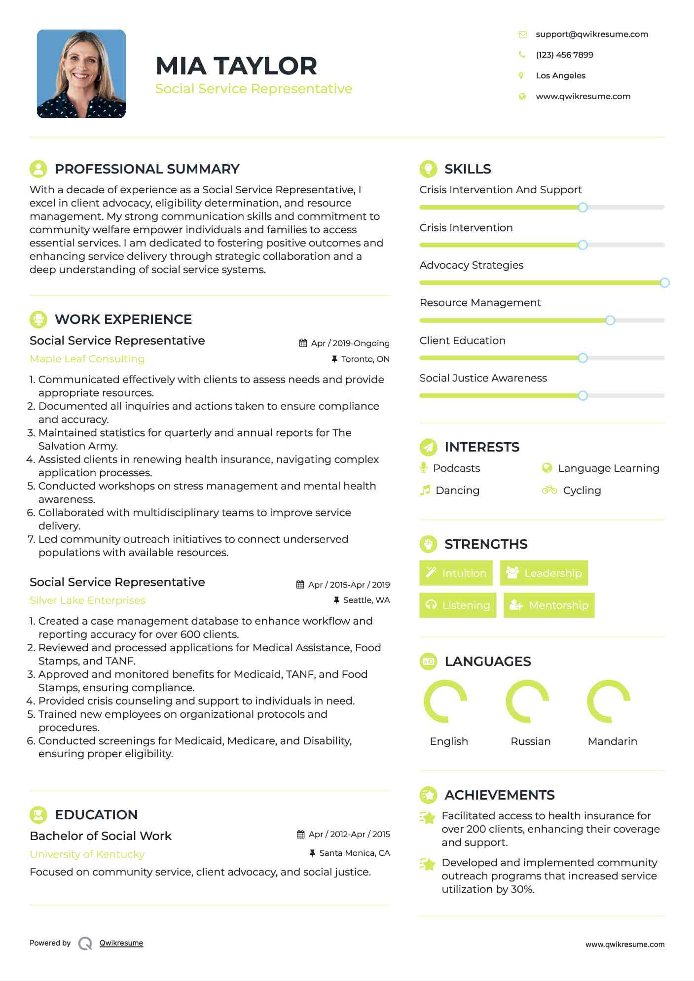 Social Service Representative Resume Sample