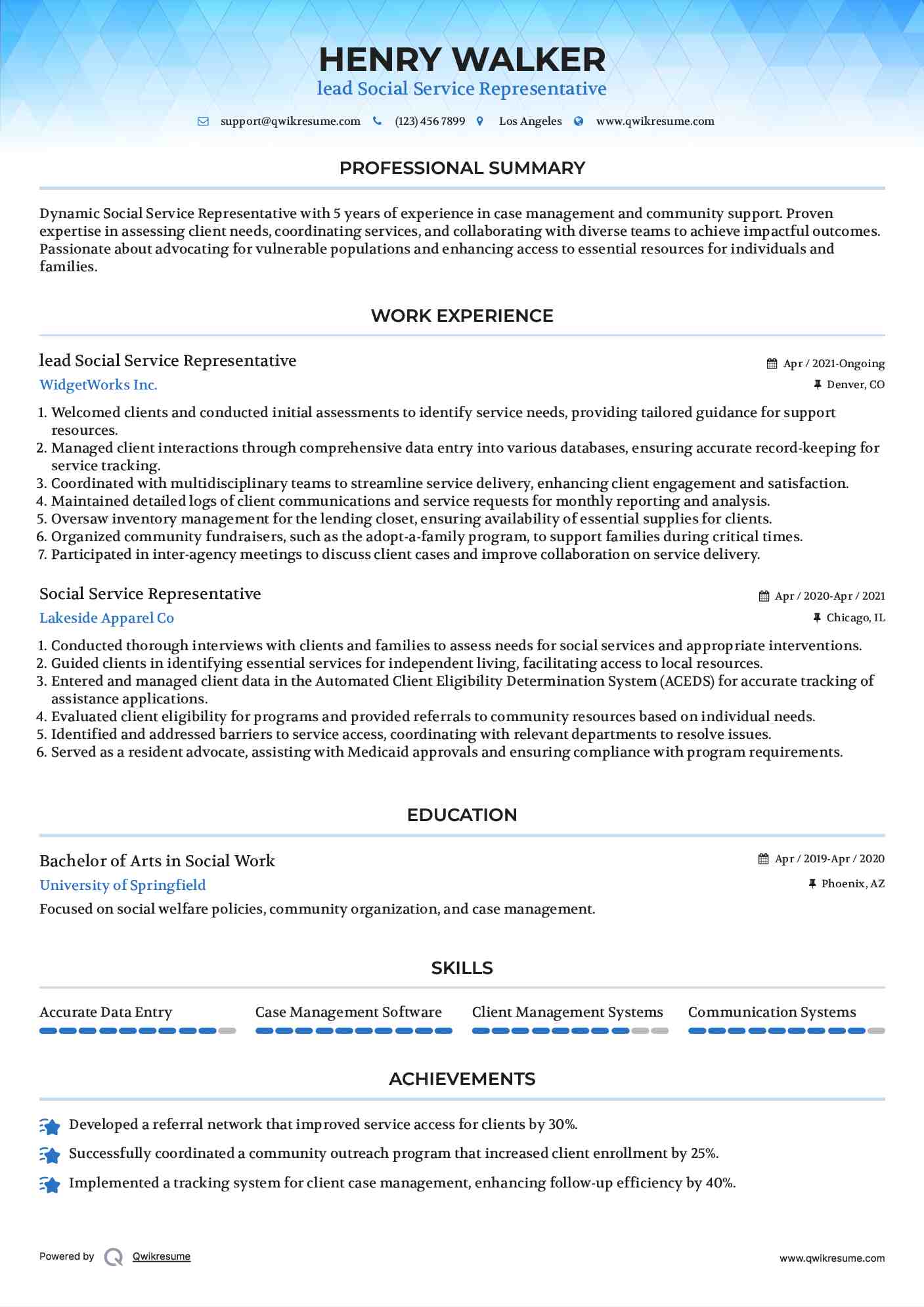 lead Social Service Representative Resume Format
