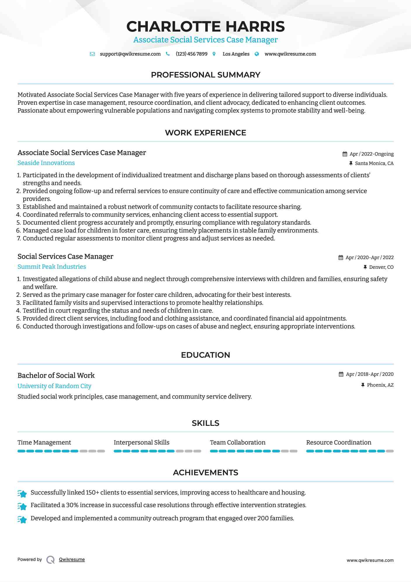 Associate Social Services Case Manager Resume Template