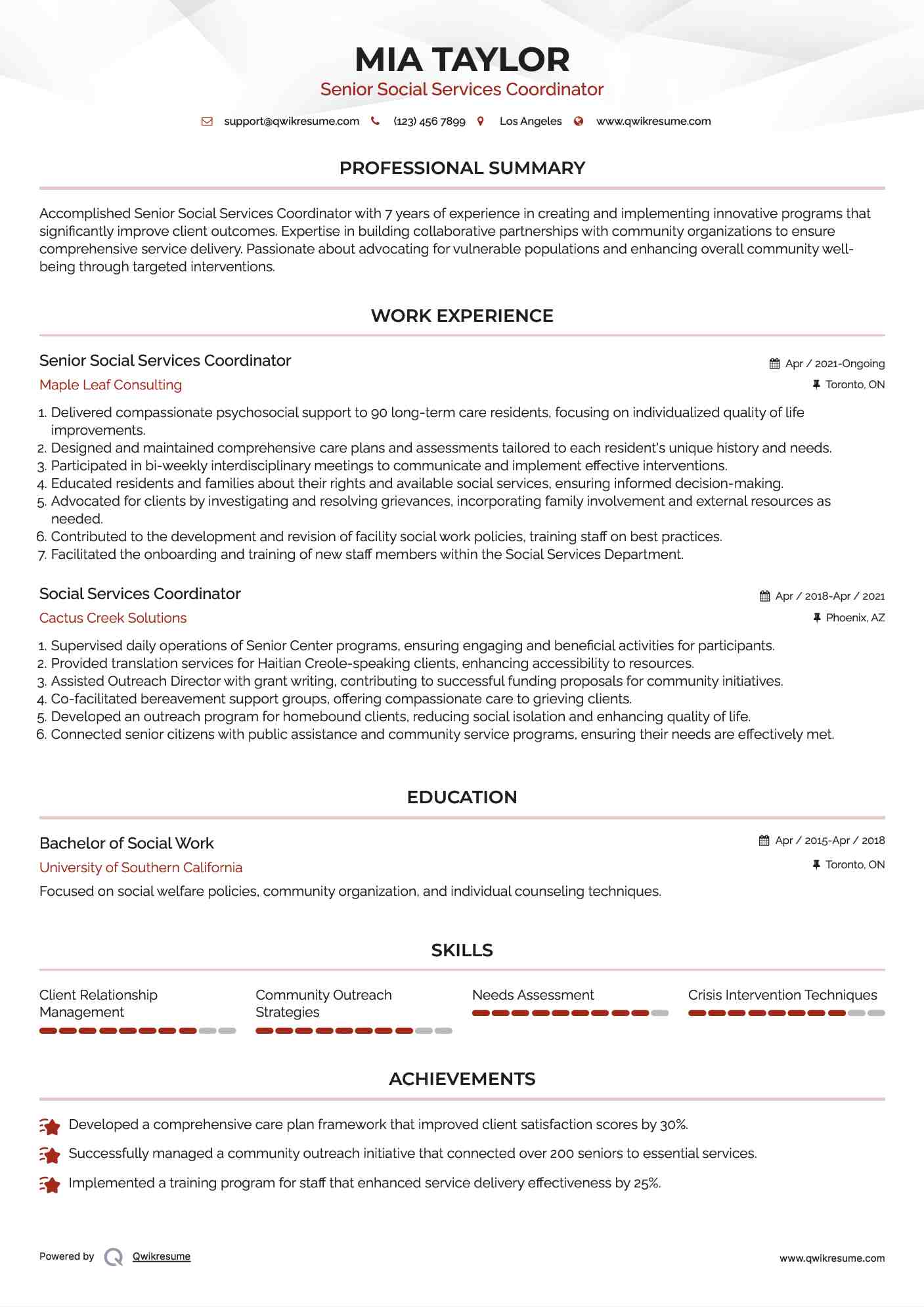 Senior Social Services Coordinator Resume Model