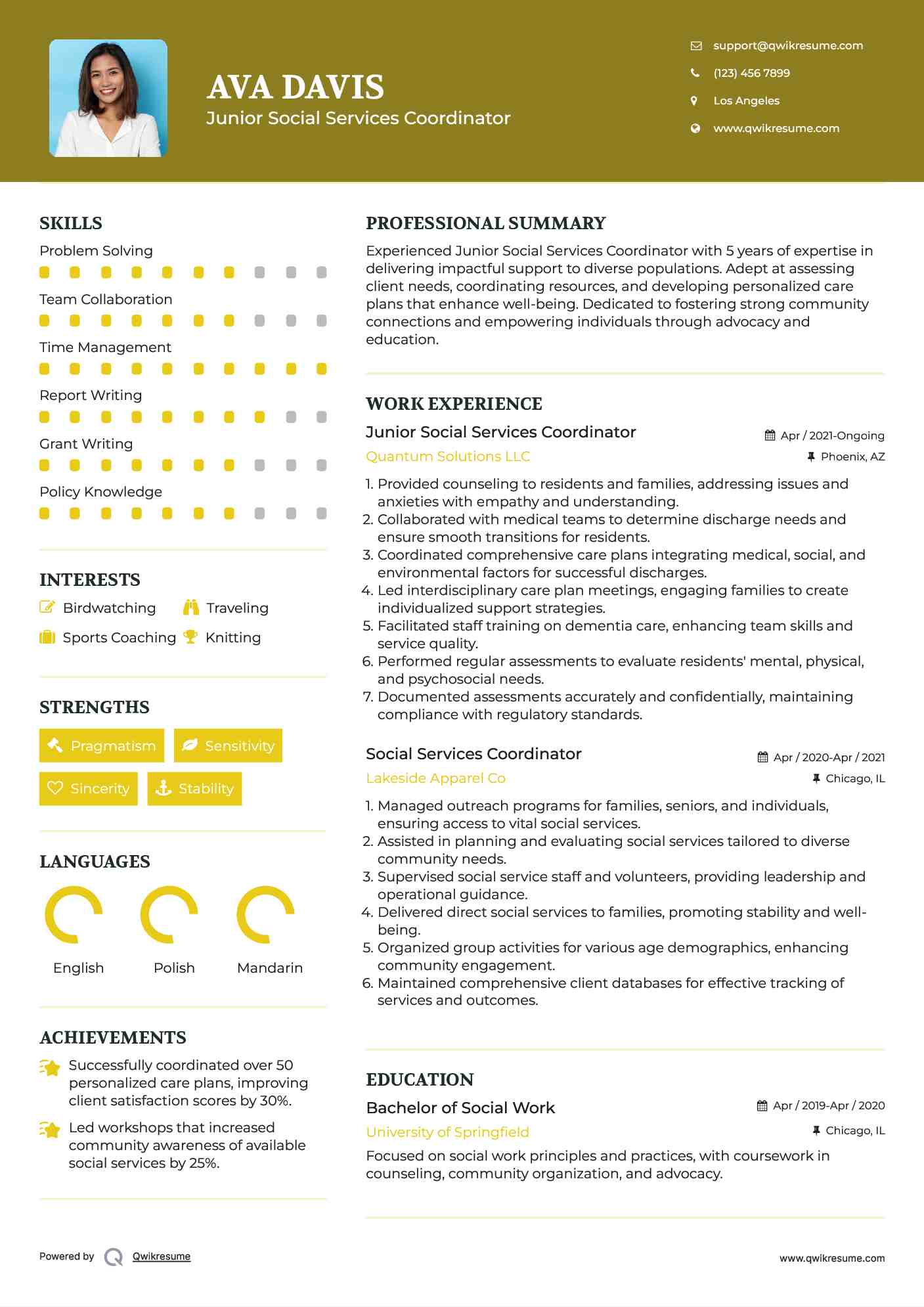 Junior Social Services Coordinator Resume Sample