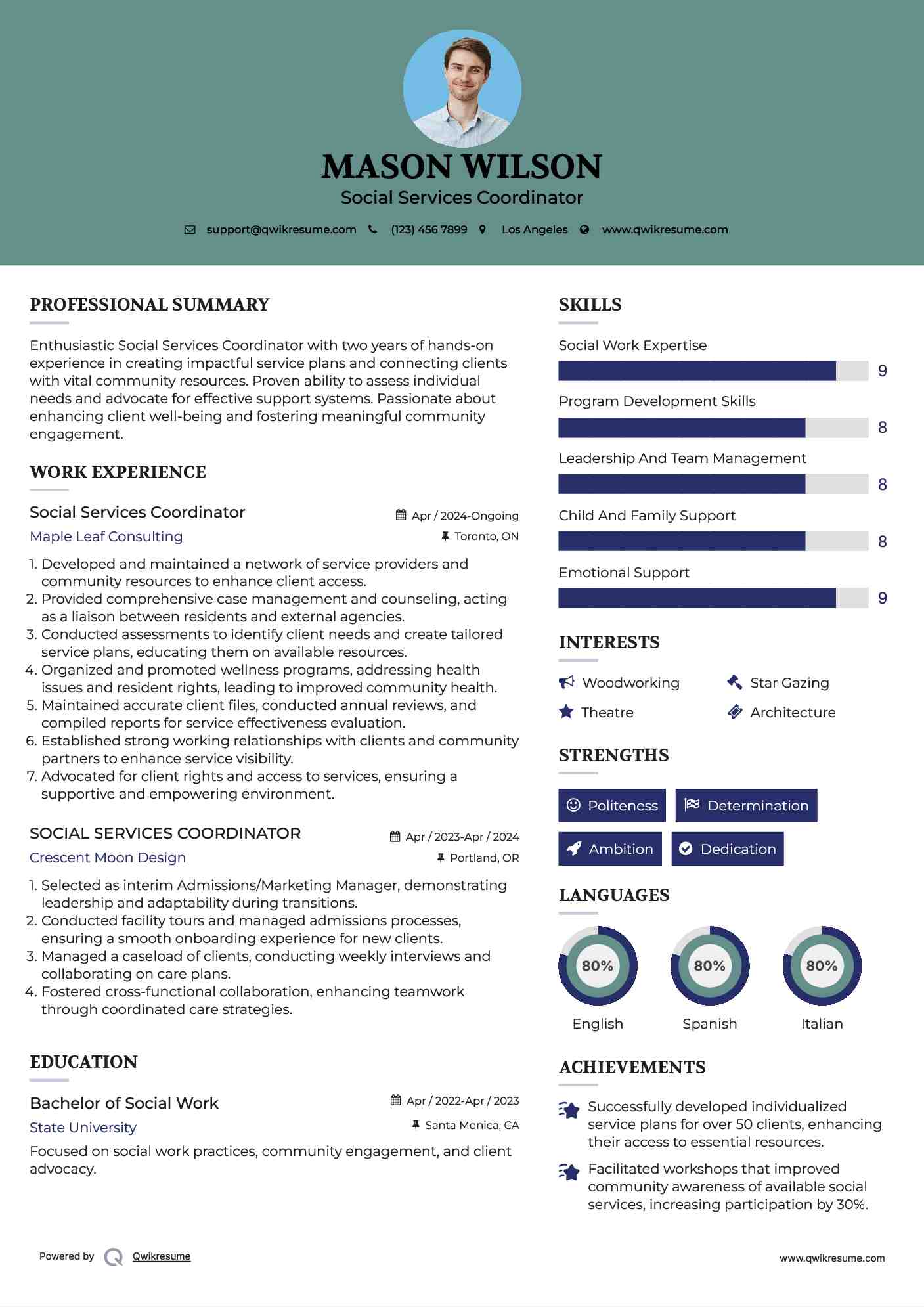 Social Services Coordinator Resume Example