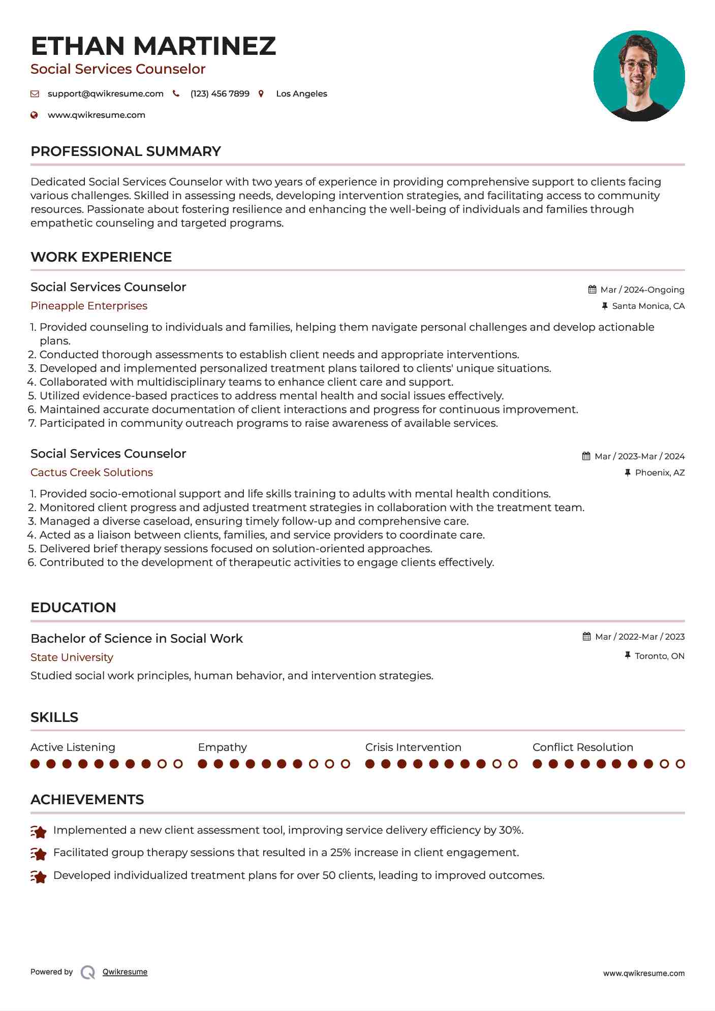 Social Services Counselor Resume Sample