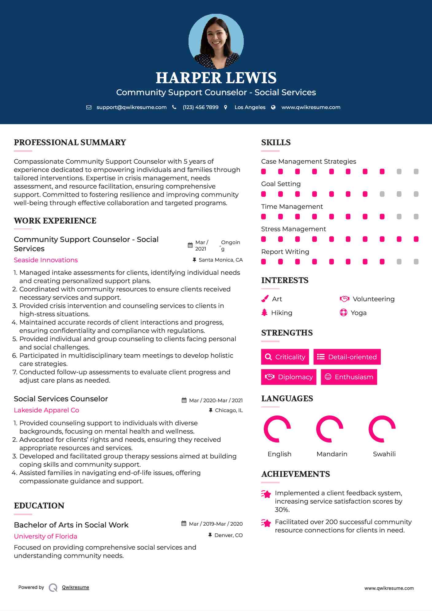 Community Support Counselor - Social Services Resume Example