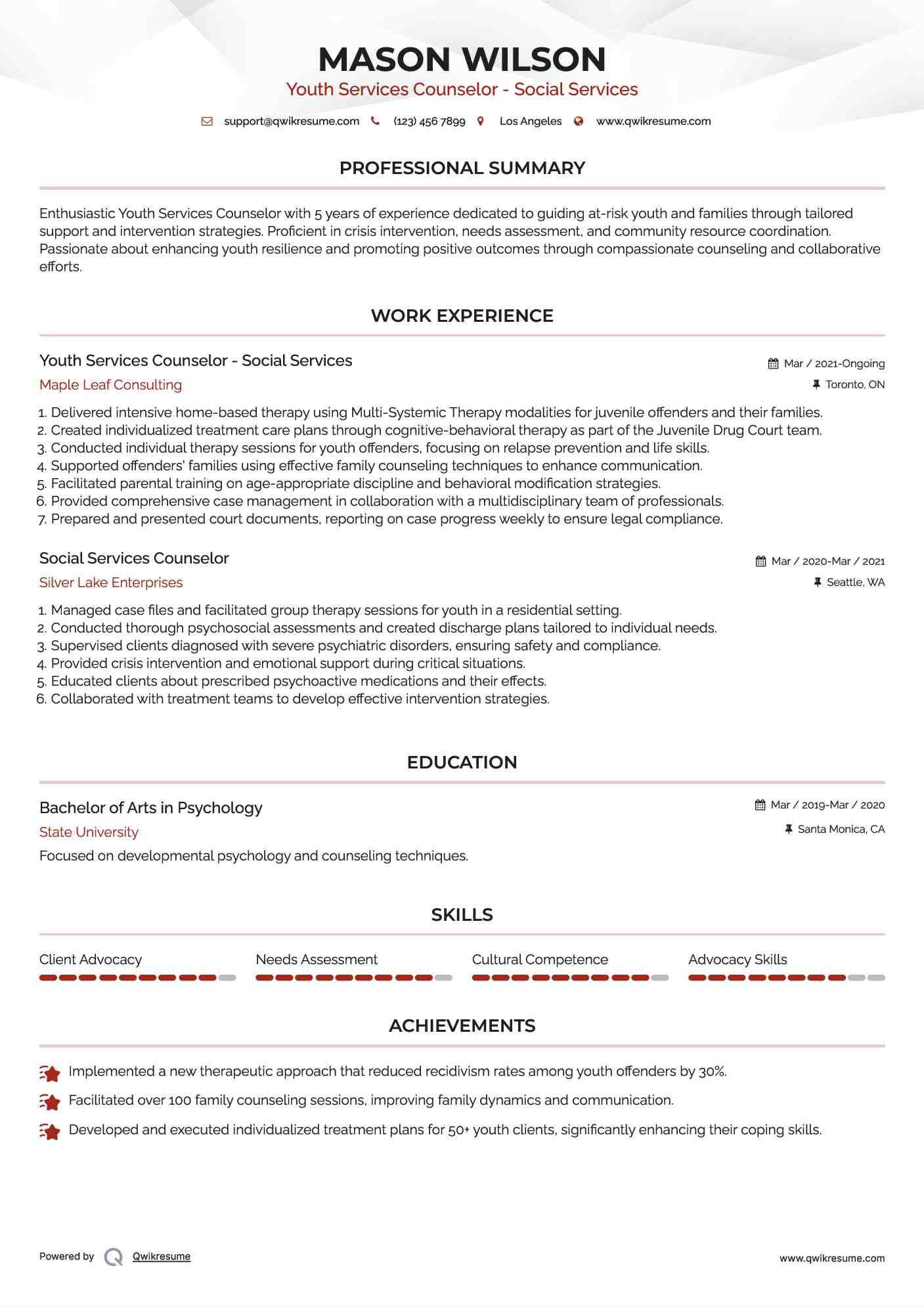 Youth Services Counselor - Social Services Resume Sample