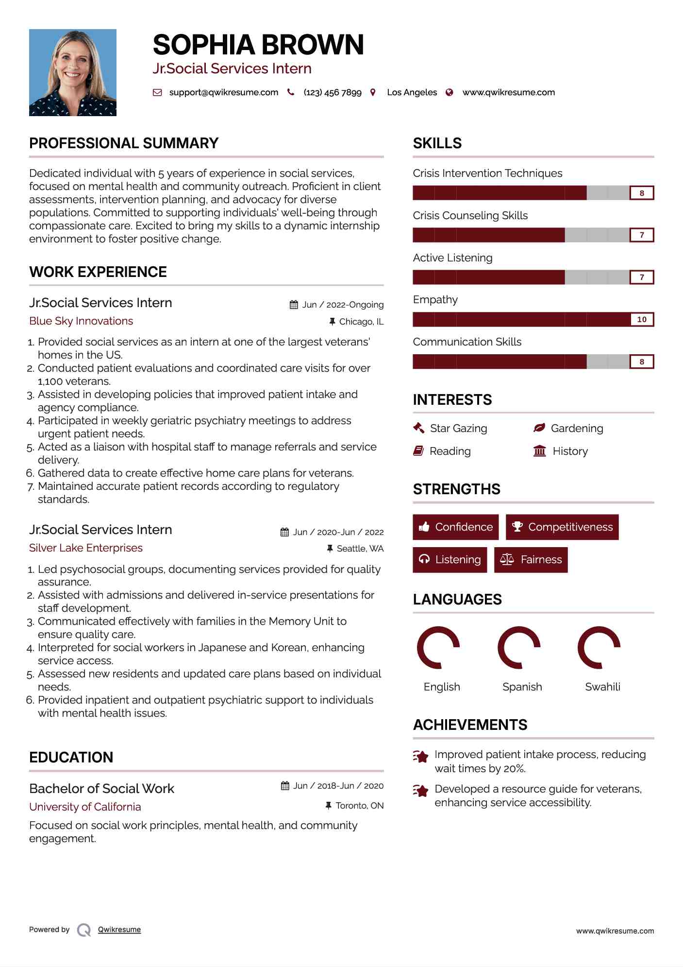 Jr.Social Services Intern Resume Sample