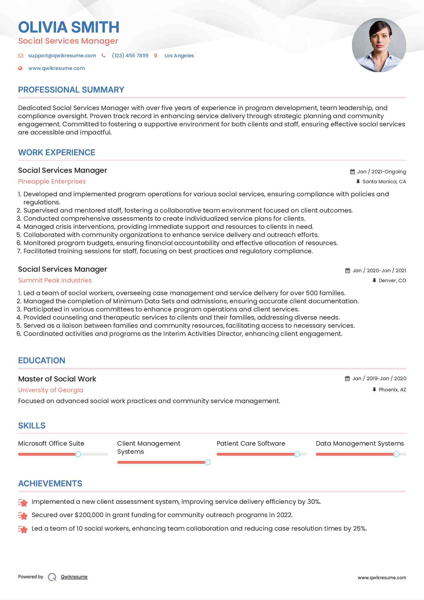 Social Services Manager Resume Format