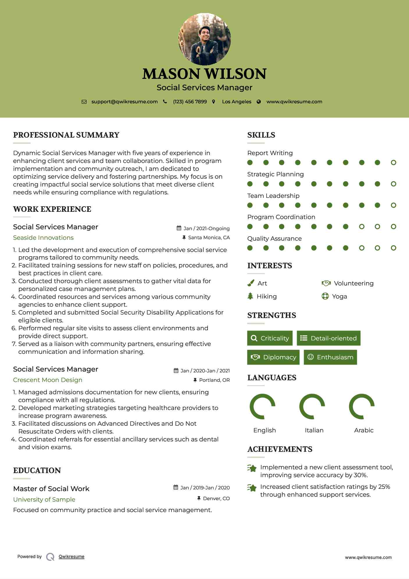 Social Services Manager Resume Model