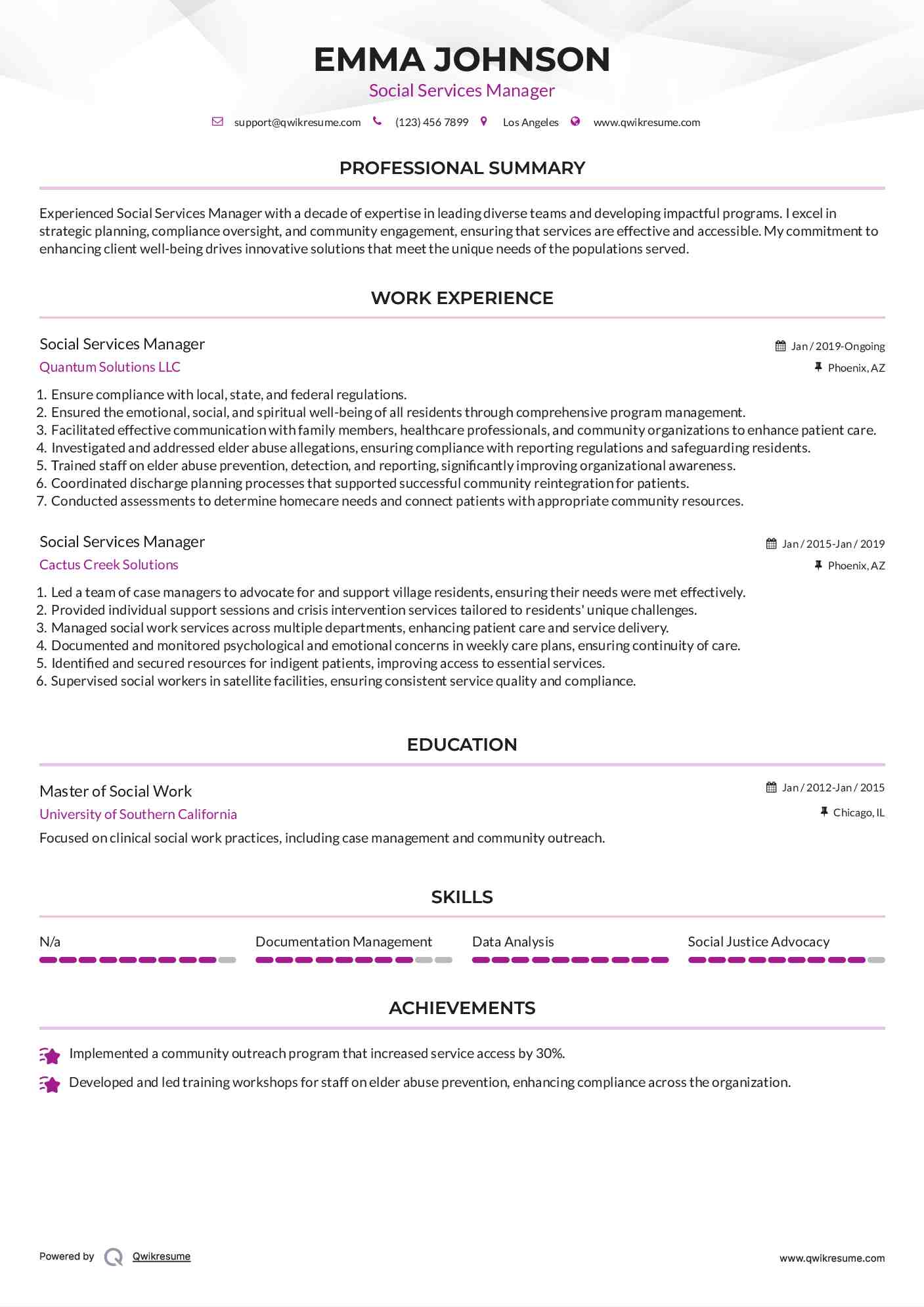 Social Services Manager Resume Sample