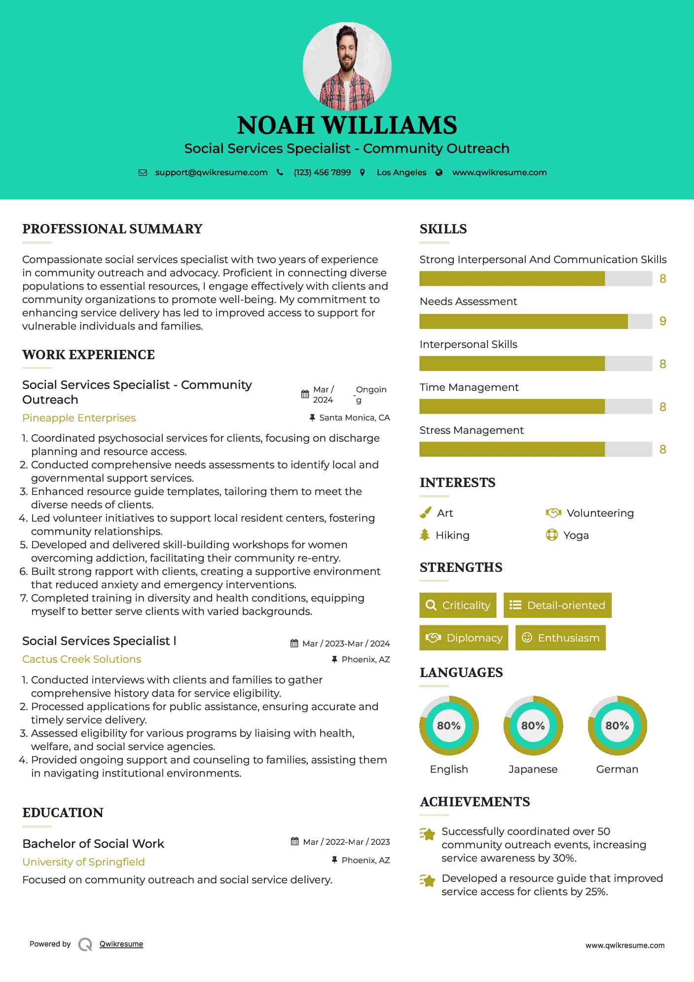 Social Services Specialist - Community Outreach Resume Sample