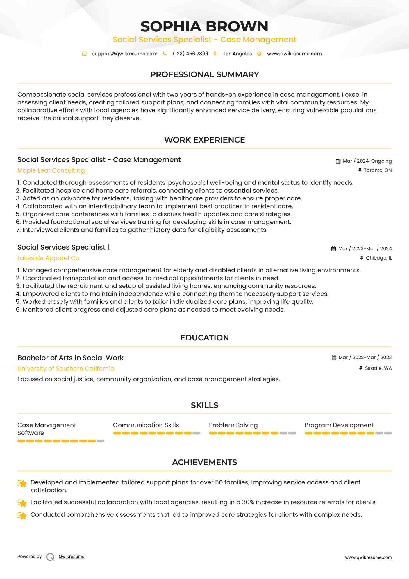 Social Services Specialist - Case Management Resume Model