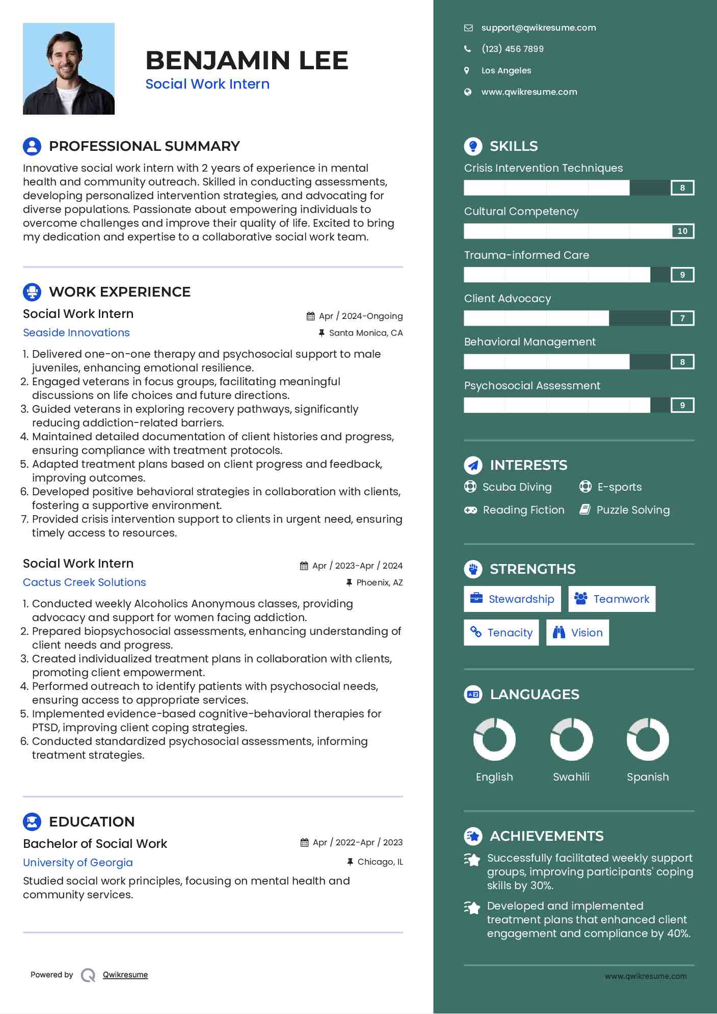 Social Work Intern Resume Model