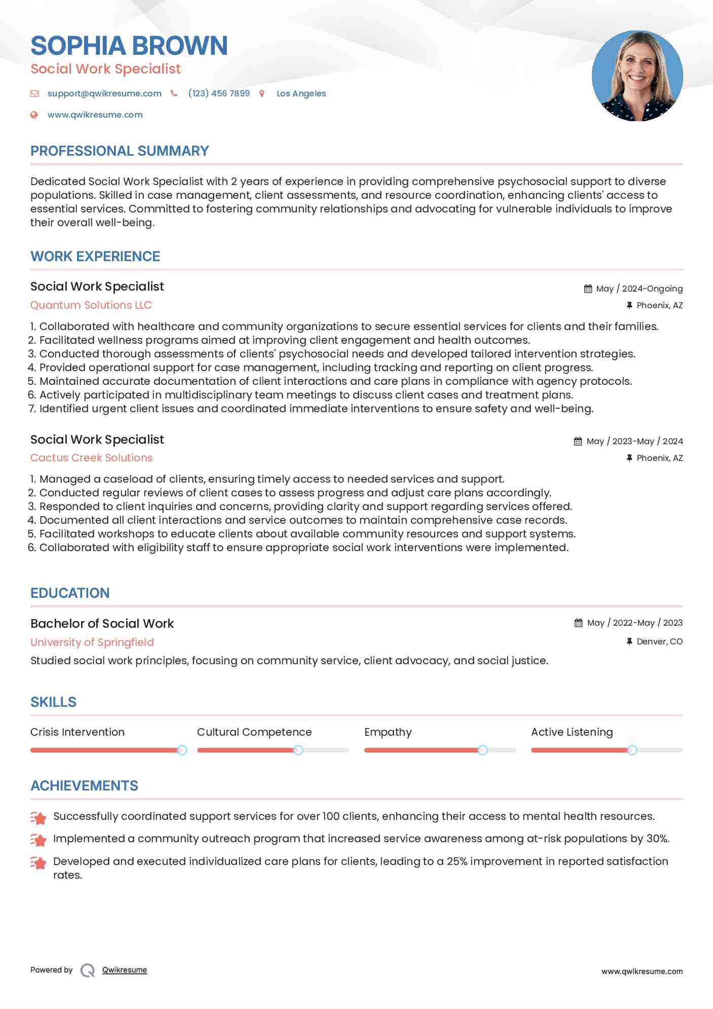 Social Work Specialist Resume Sample
