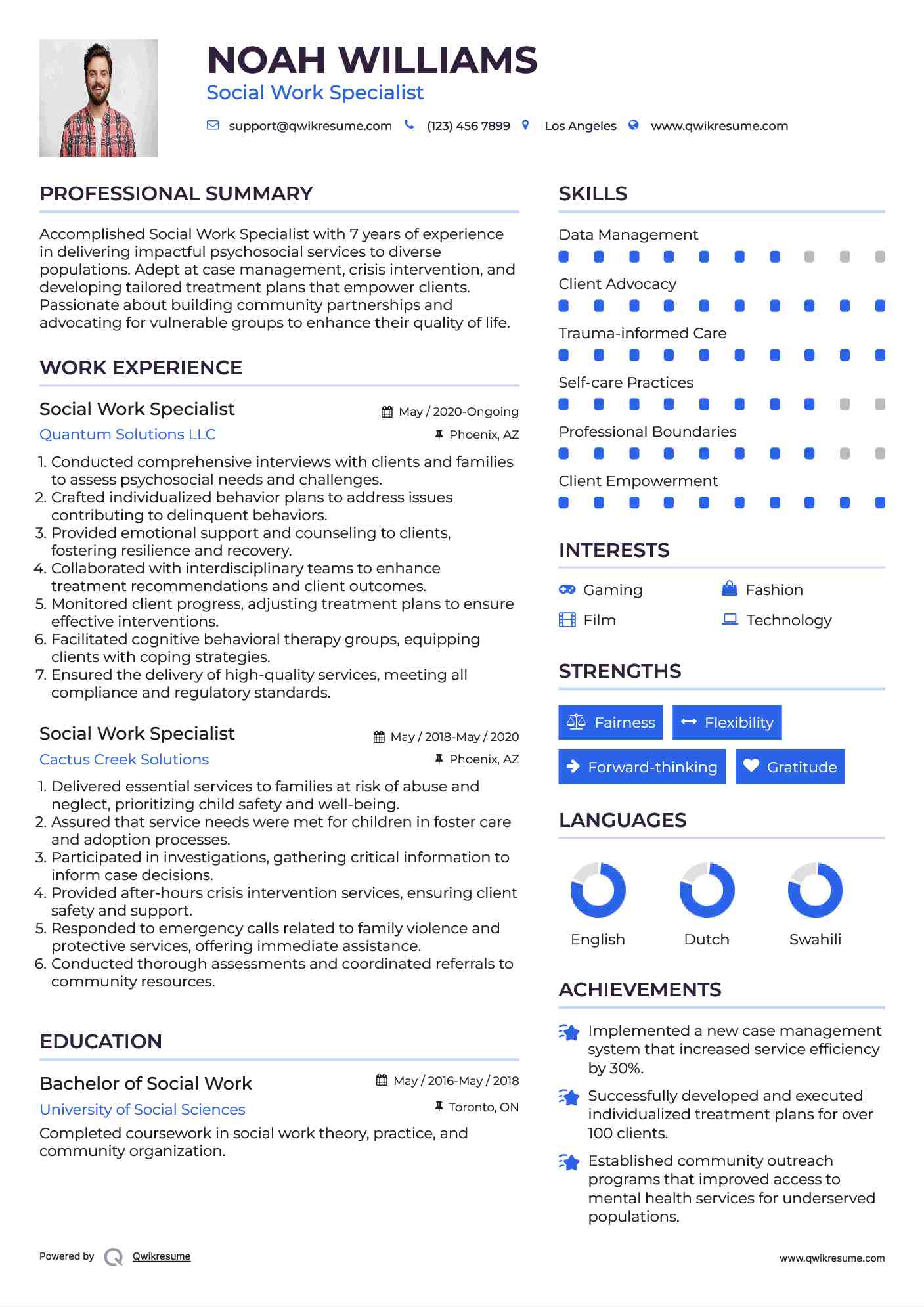 Social Work Specialist Resume Format