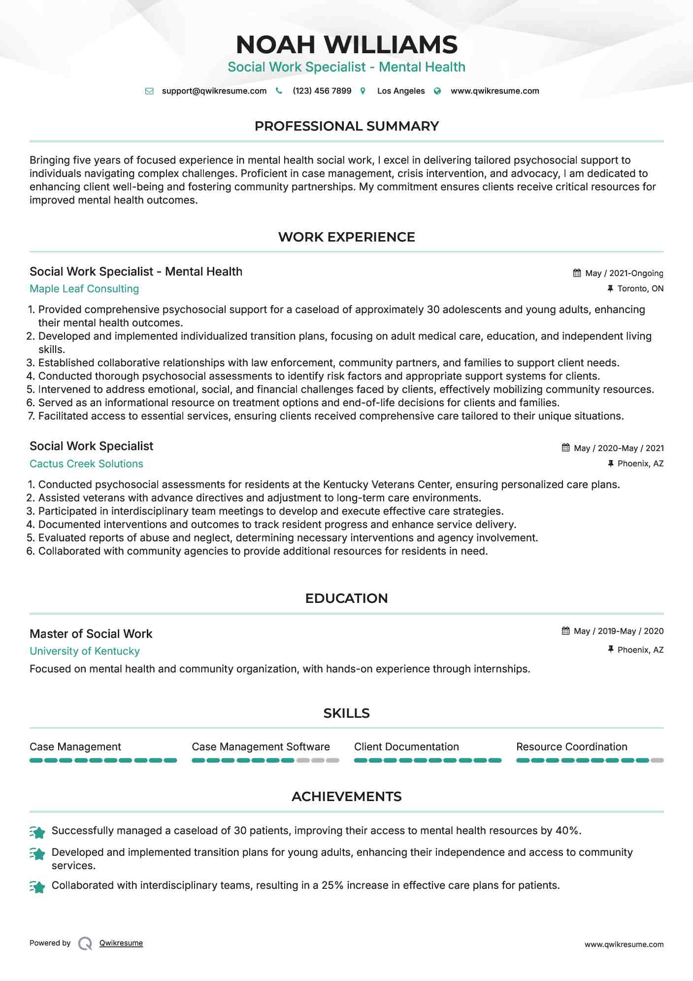 Social Work Specialist - Mental Health Resume Format