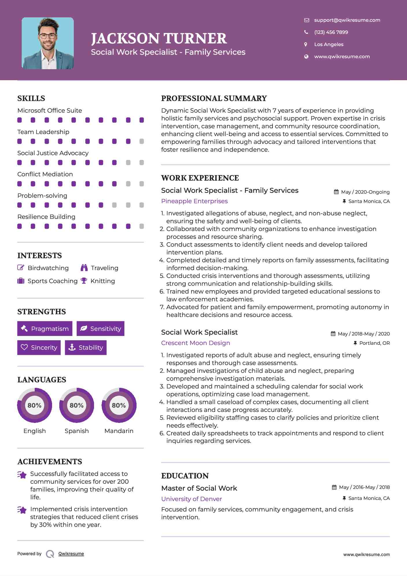 Social Work Specialist - Family Services Resume Format