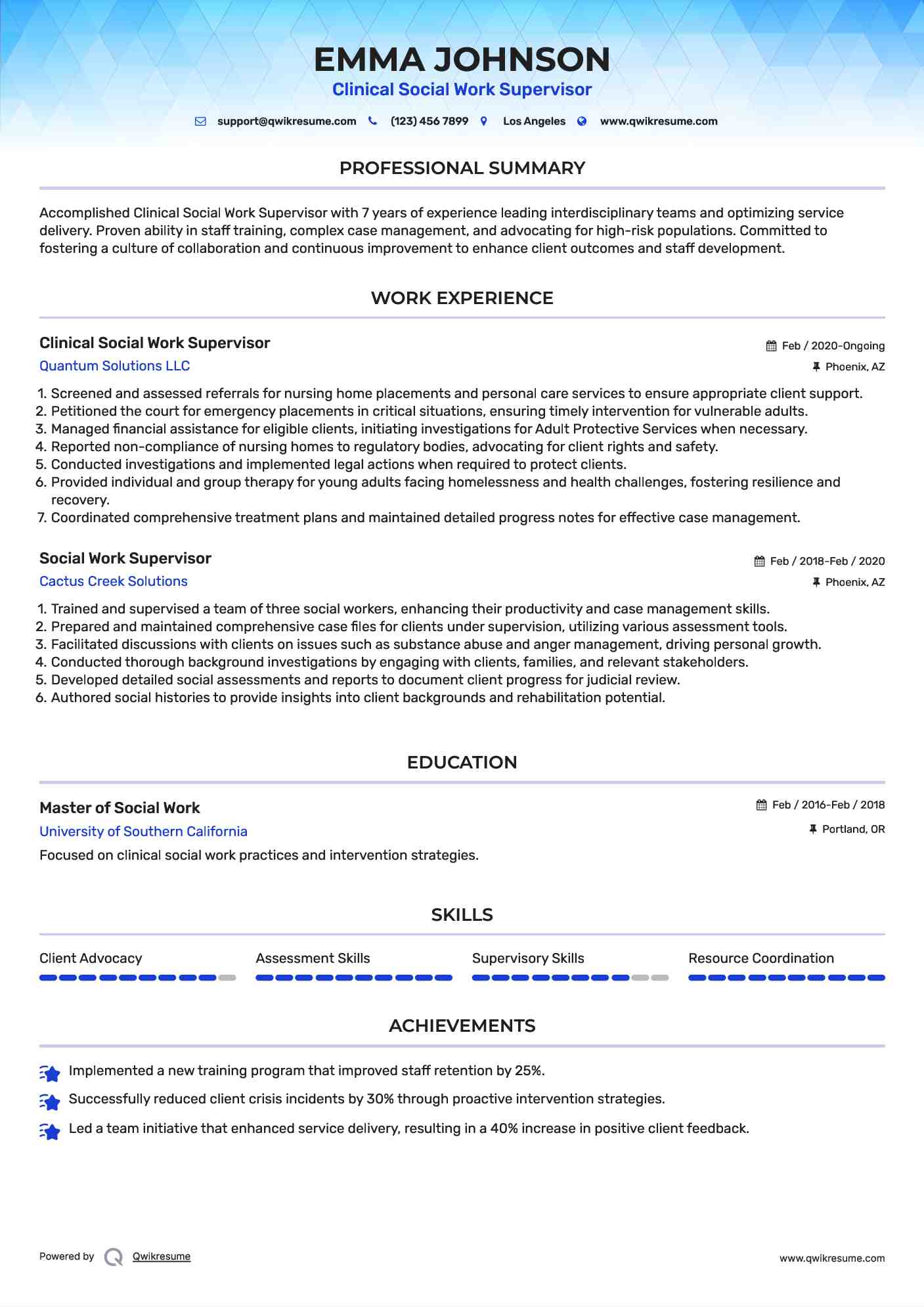 Clinical Social Work Supervisor Resume Example