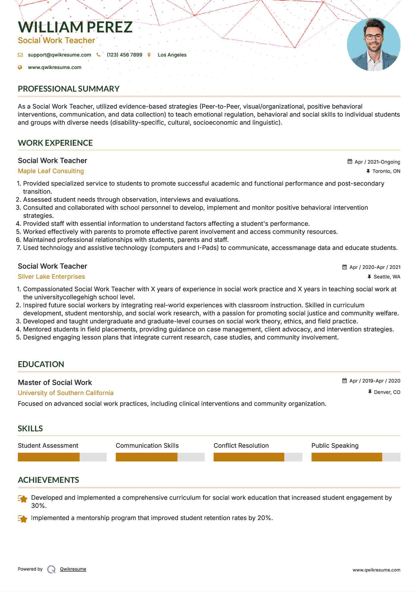 Social Work Teacher Resume Model
