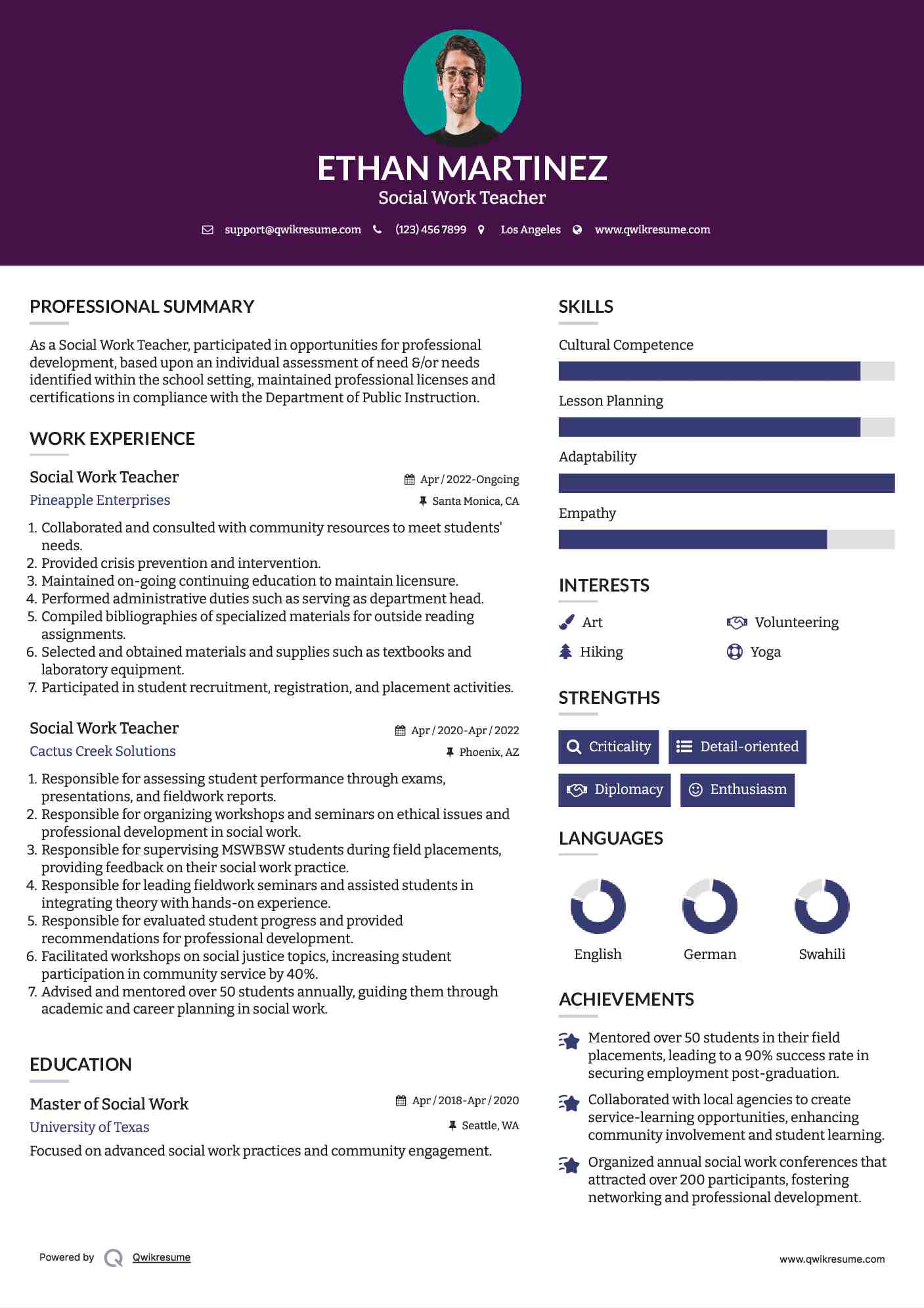 Social Work Teacher Resume Sample
