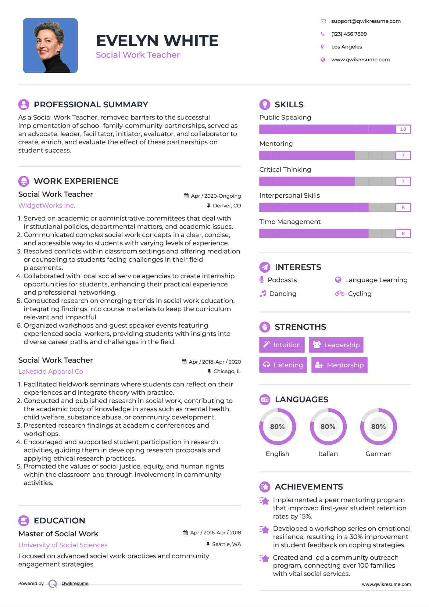 Social Work Teacher Resume Example