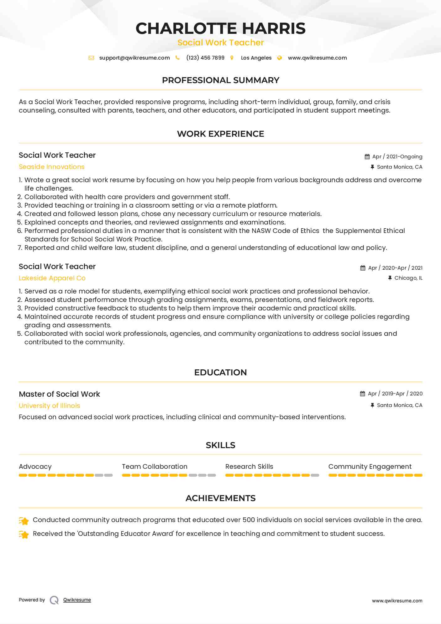 Social Work Teacher Resume Sample