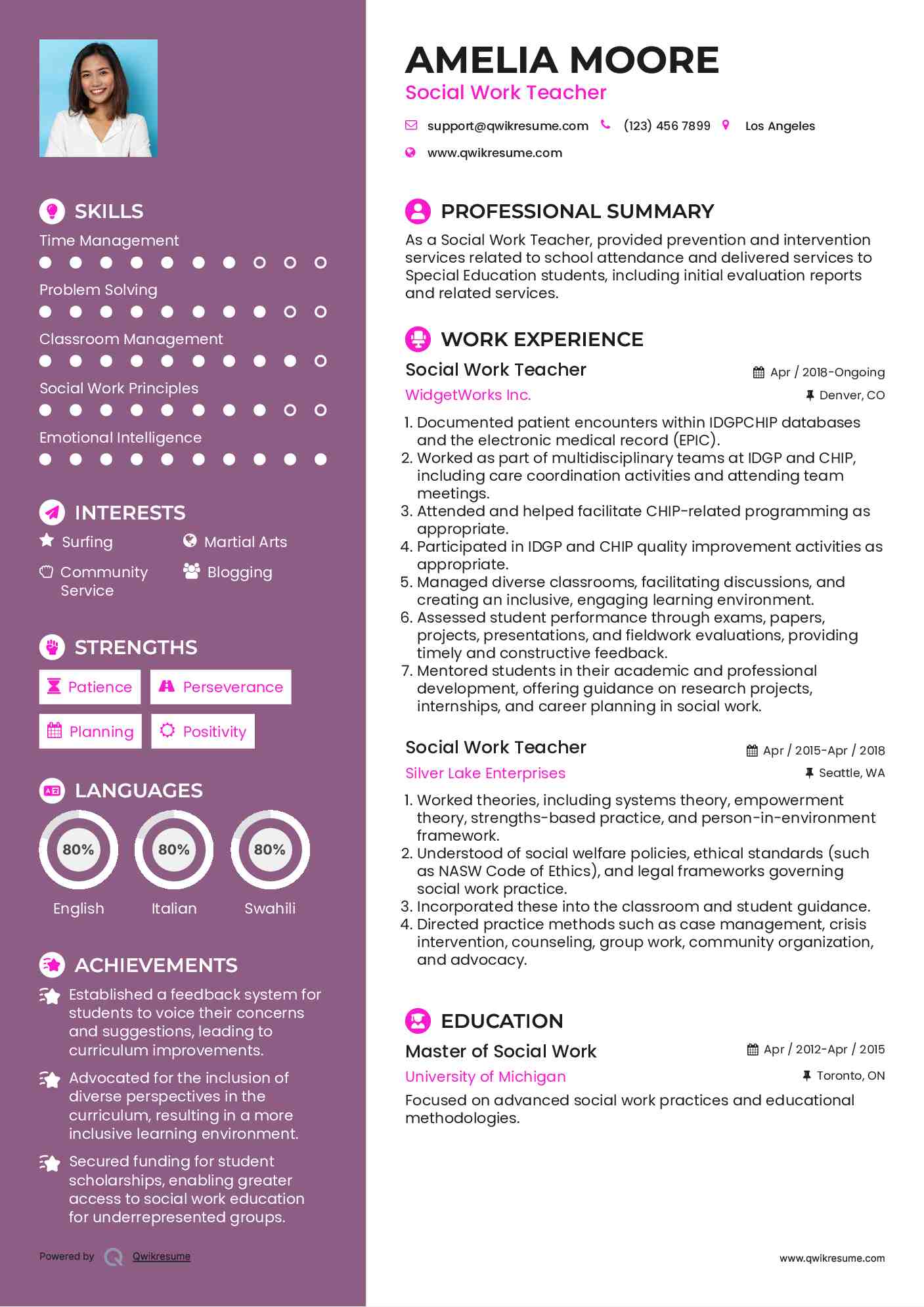 Social Work Teacher Resume Model
