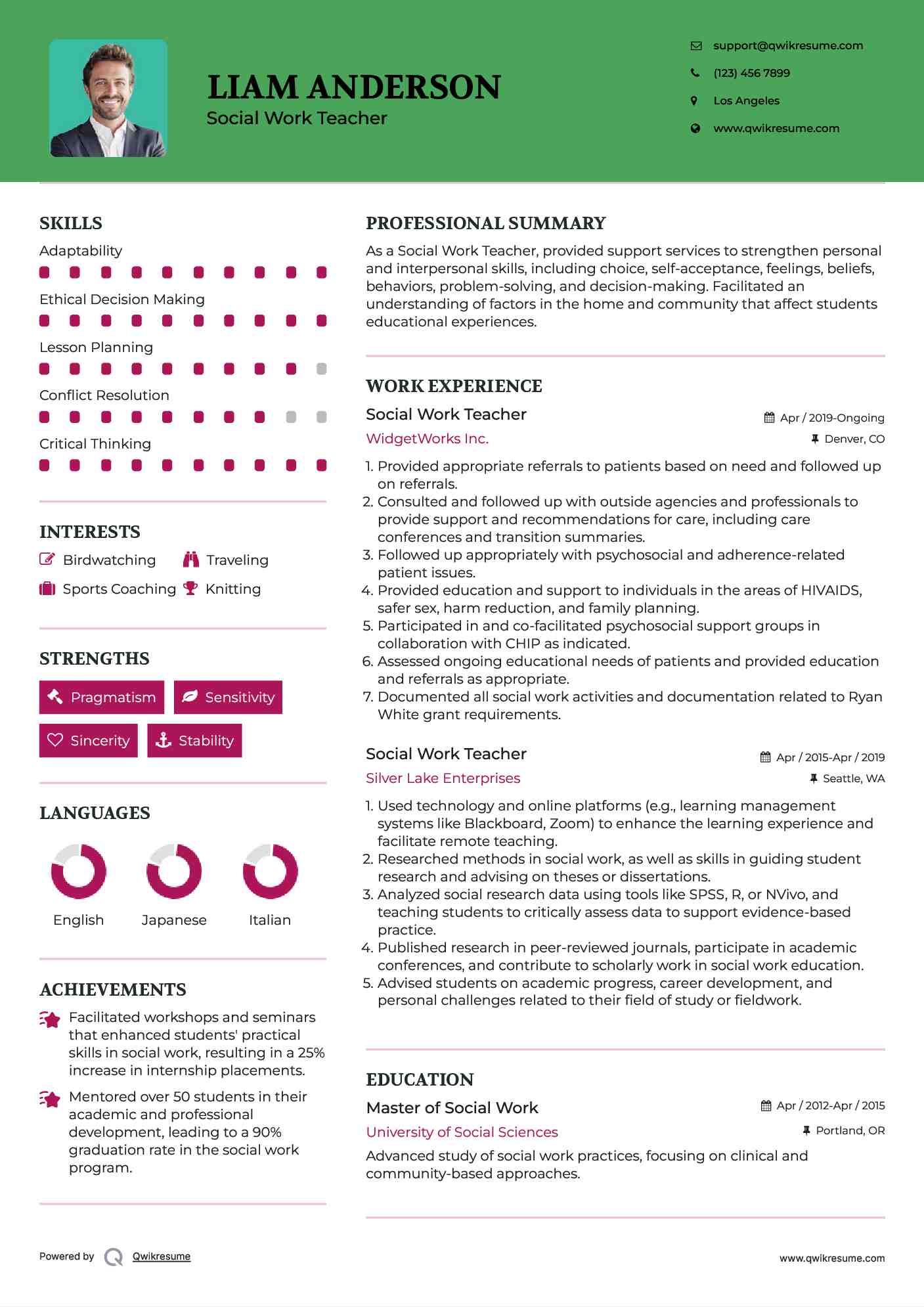 Social Work Teacher Resume Format