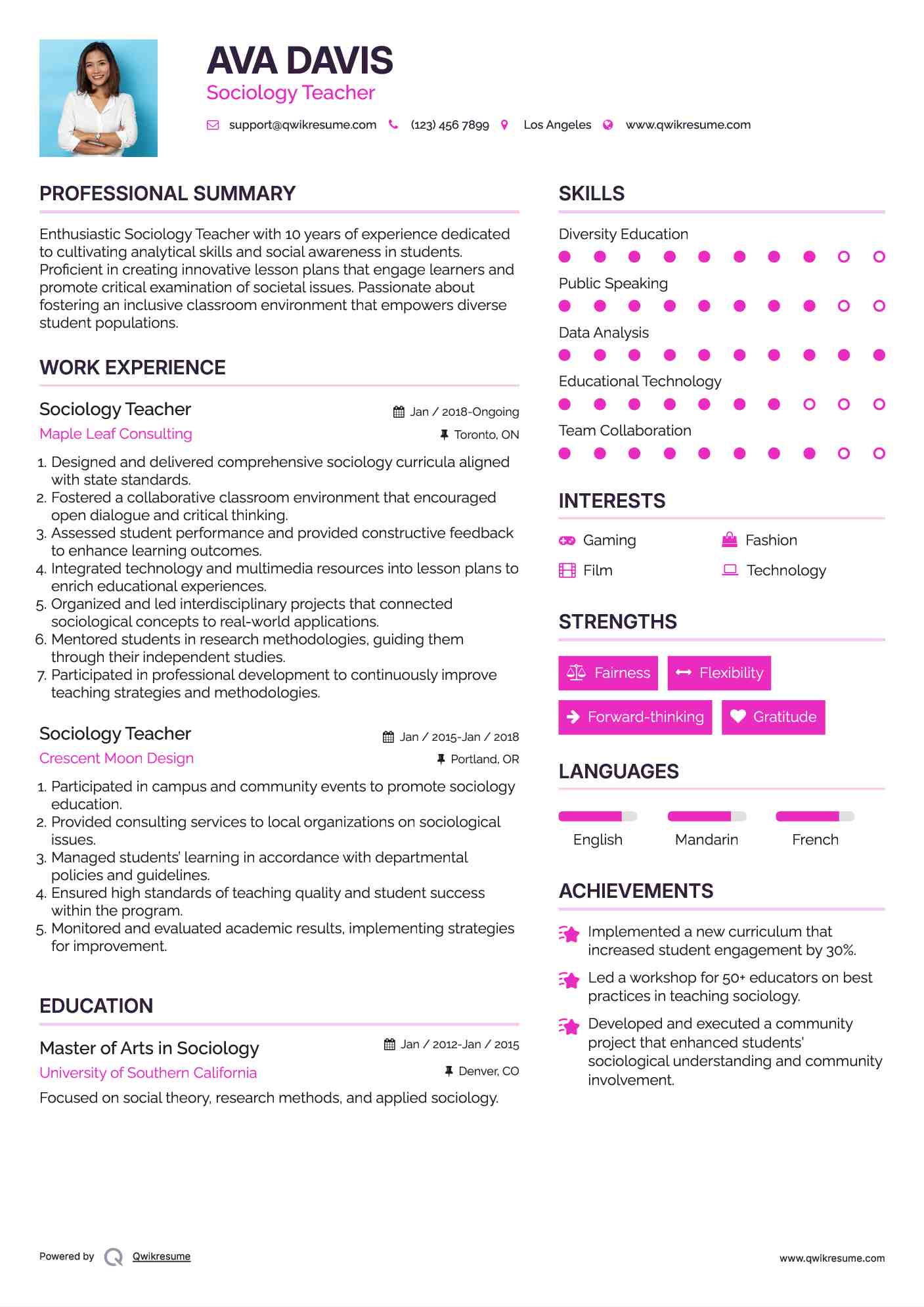 Sociology Teacher Resume Example