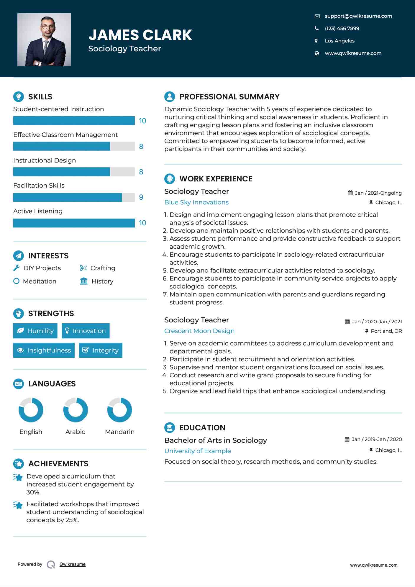 Sociology Teacher Resume Model