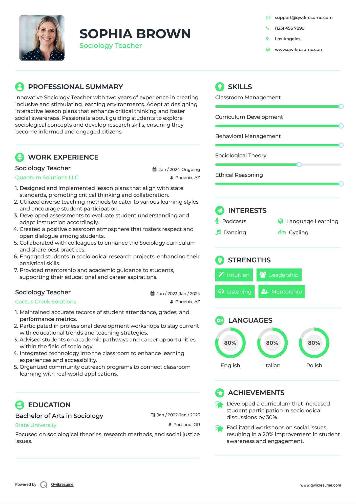 Sociology Teacher Resume Example