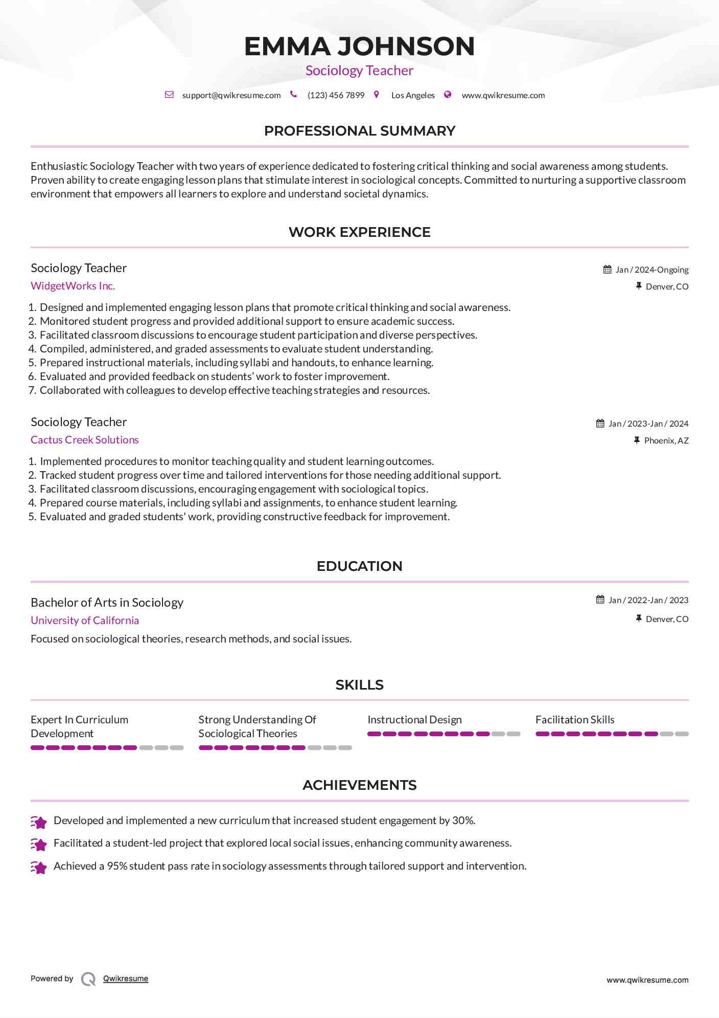 Sociology Teacher Resume Sample