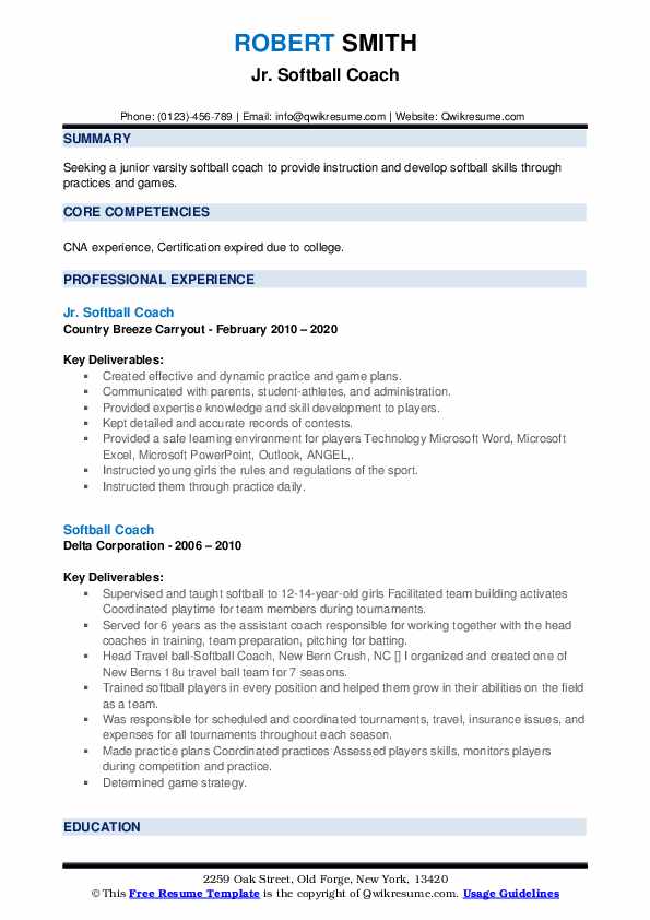Softball Coach Resume Samples QwikResume