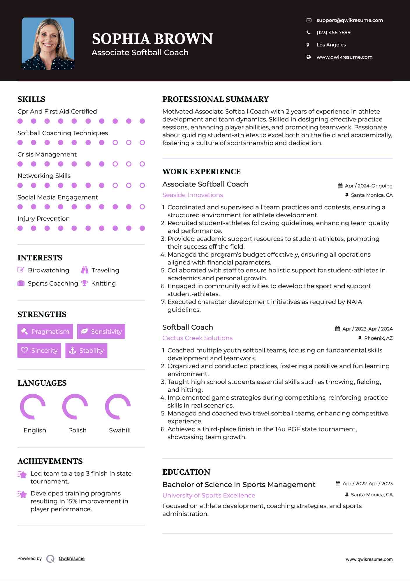 Associate Softball Coach  Resume Format