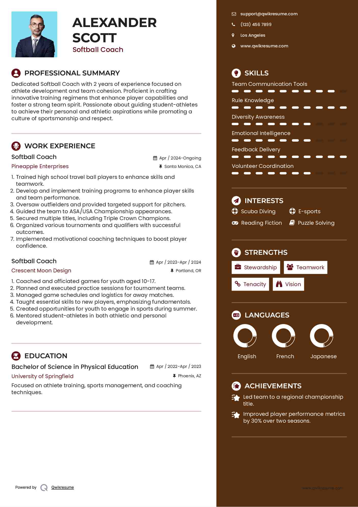 Softball Coach Resume Sample