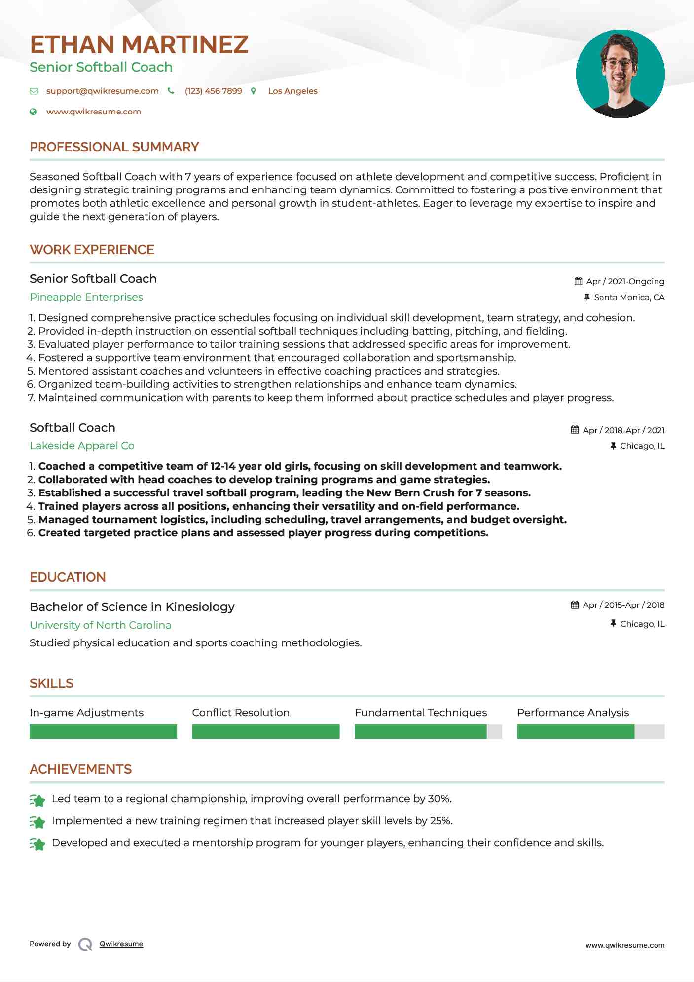 Senior Softball Coach  Resume Model