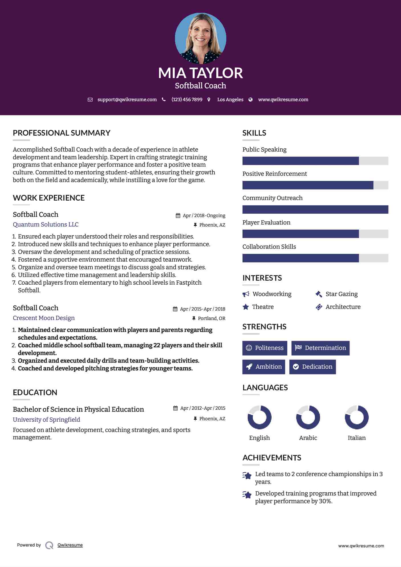 Softball Coach Resume Sample