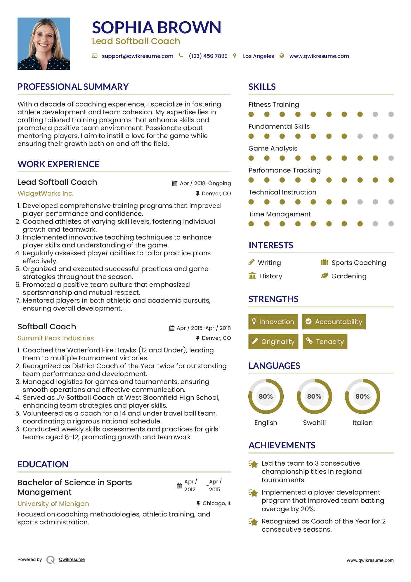 Lead Softball Coach  Resume Format