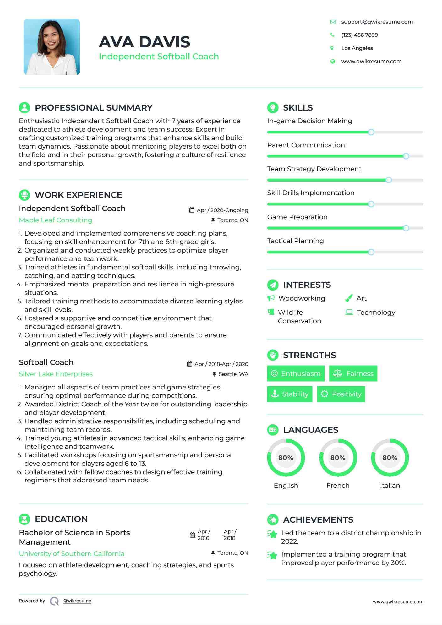 Independent Softball Coach Resume Model