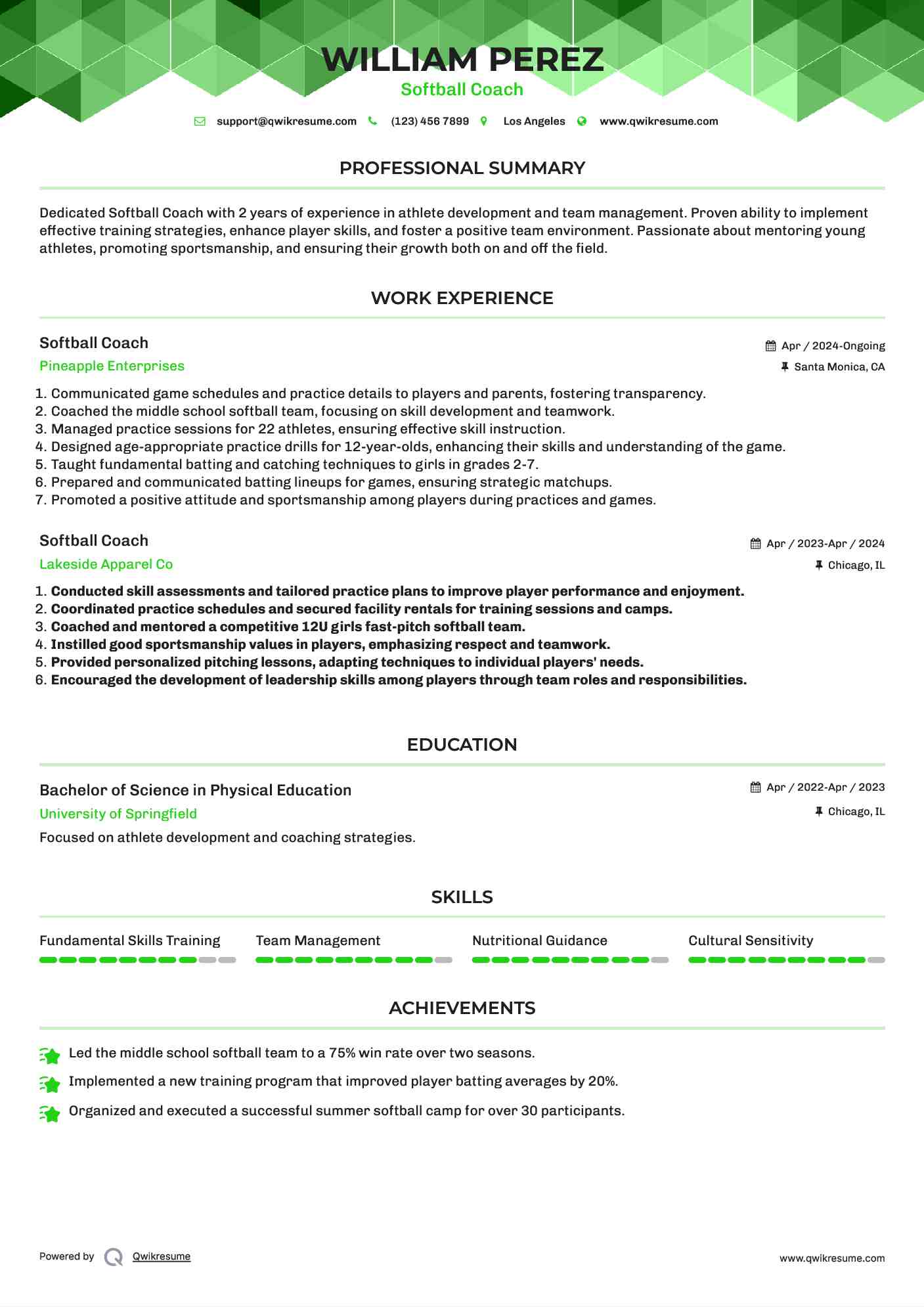 Softball Coach Resume Example