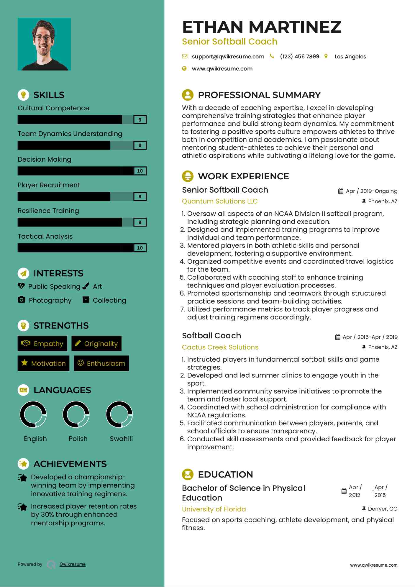 Senior Softball Coach  Resume Sample
