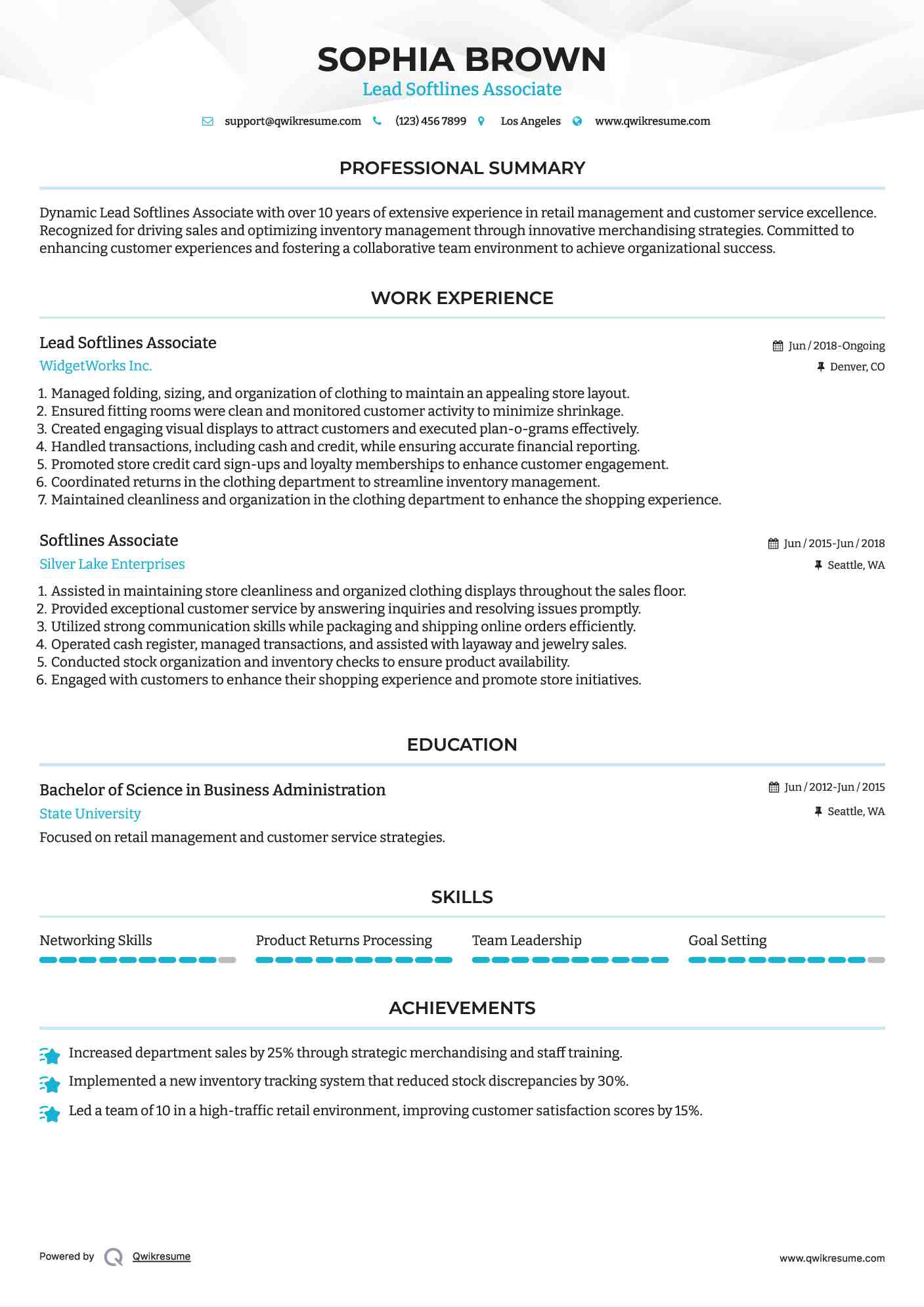 Lead Softlines Associate Resume Example