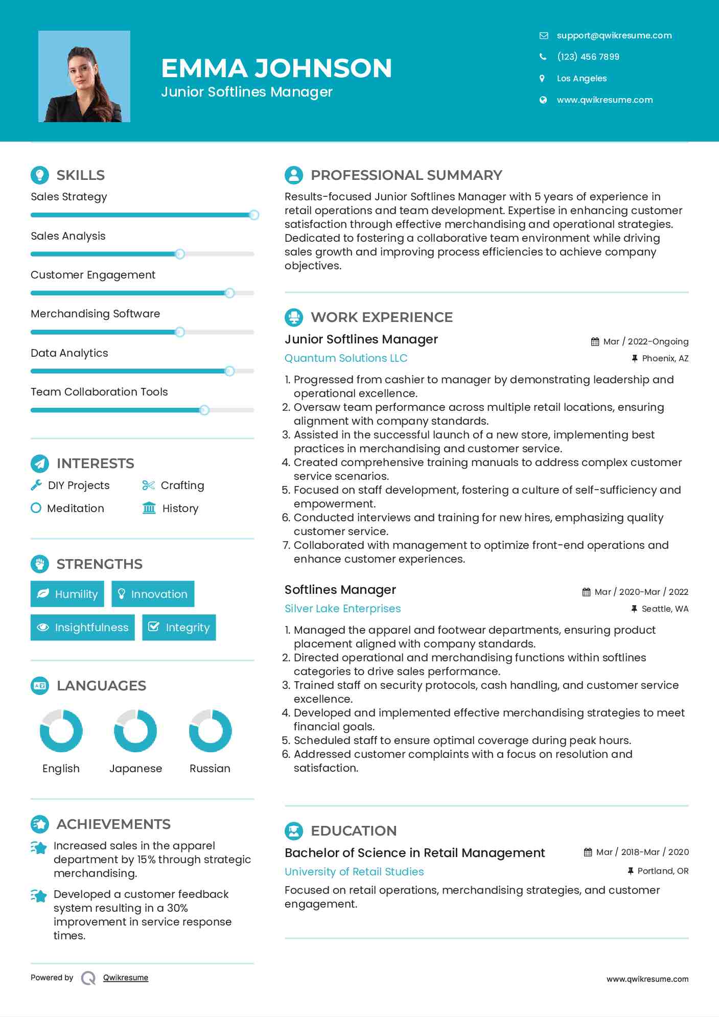 Junior Softlines Manager Resume Format