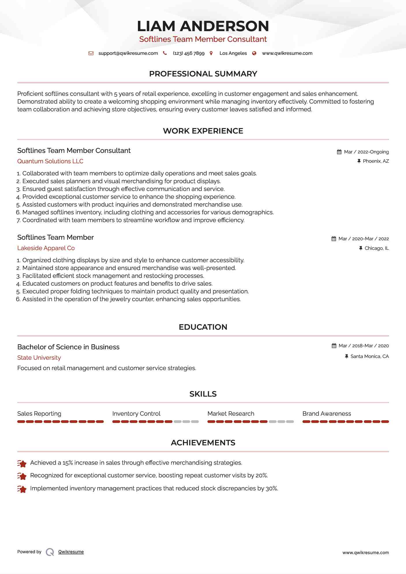 Softlines Team Member Consultant Resume Sample