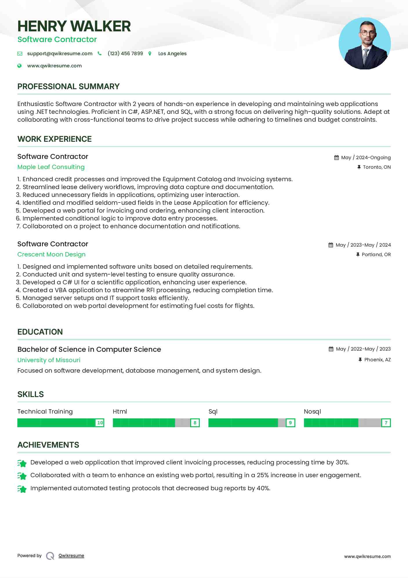 Software Contractor Resume Sample