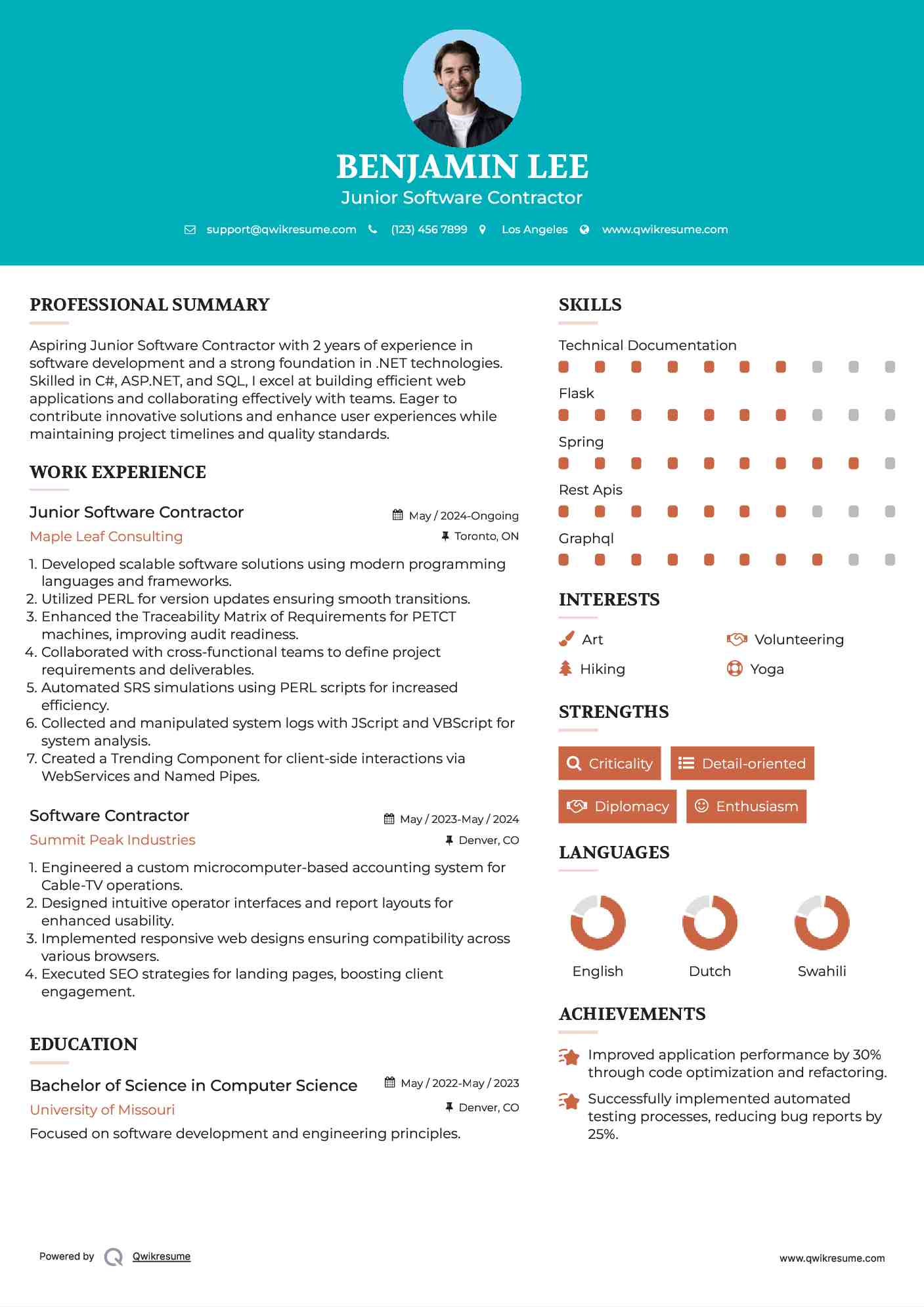 Junior Software Contractor Resume Model