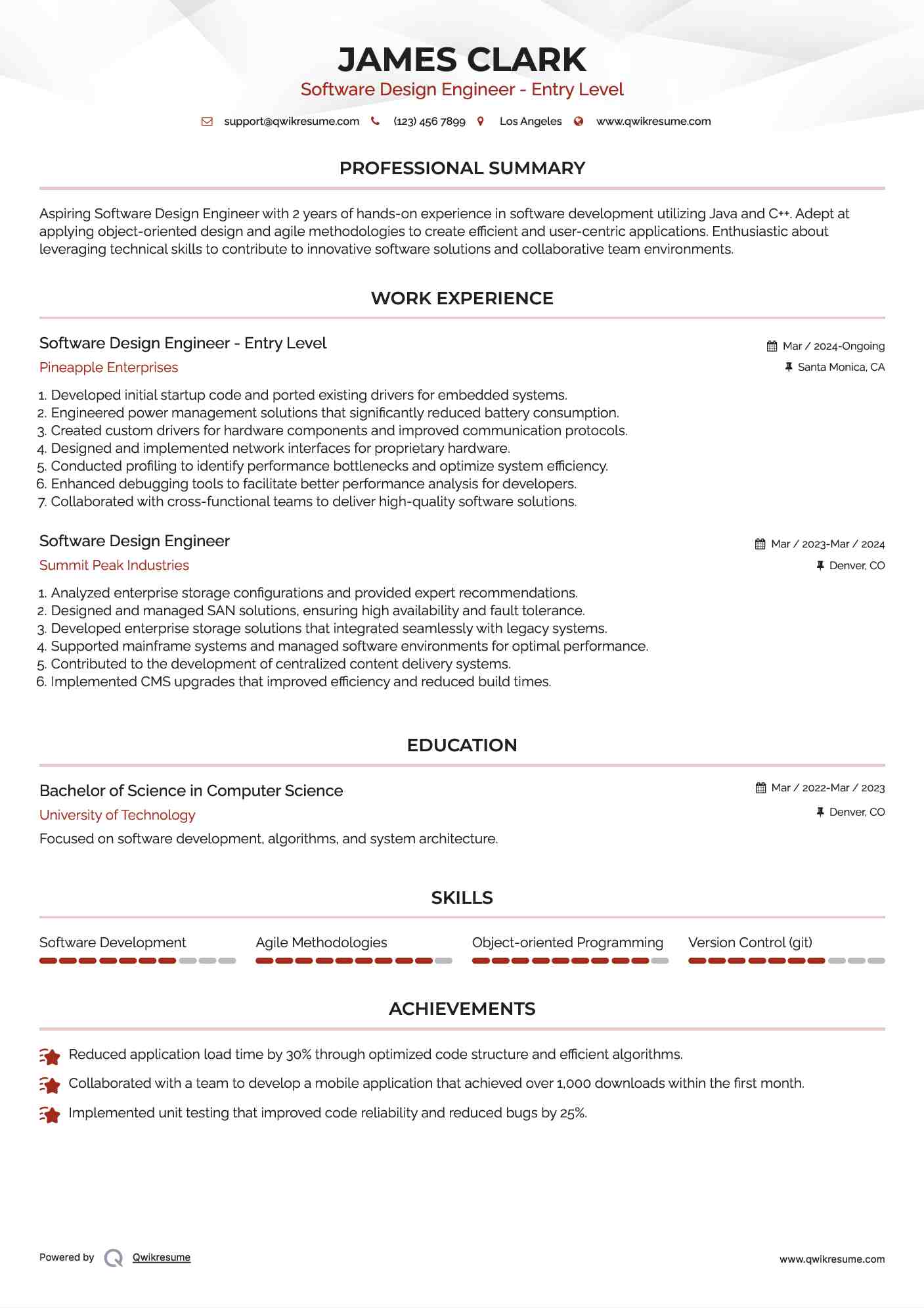 Software Design Engineer - Entry Level Resume Example