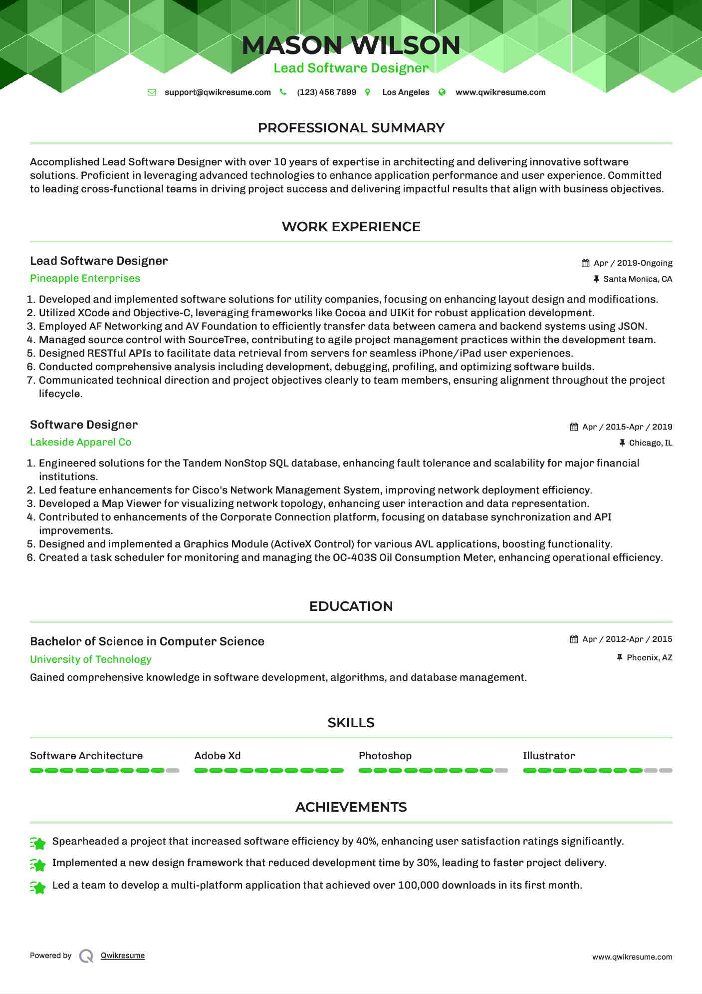 Lead Software Designer Resume Template