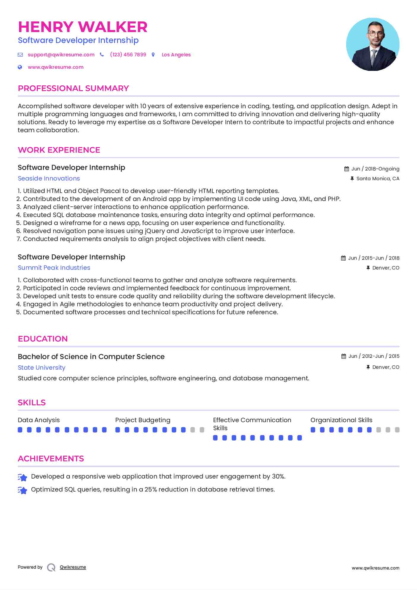 Software Developer Internship Resume Template